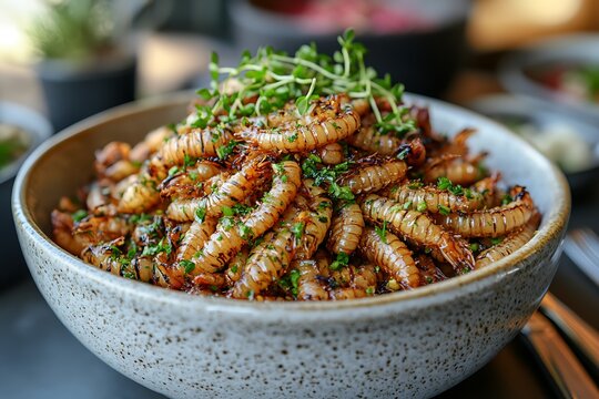 Close-up of roasted mealworms on a ceramic plate, highlighting their texture and crispness.