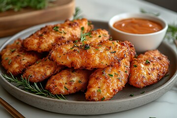 Crispy golden brown chicken tenders with dipping sauce and rosemary garnish