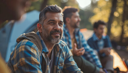 Fototapeta premium A group of men sitting next to each other in a park