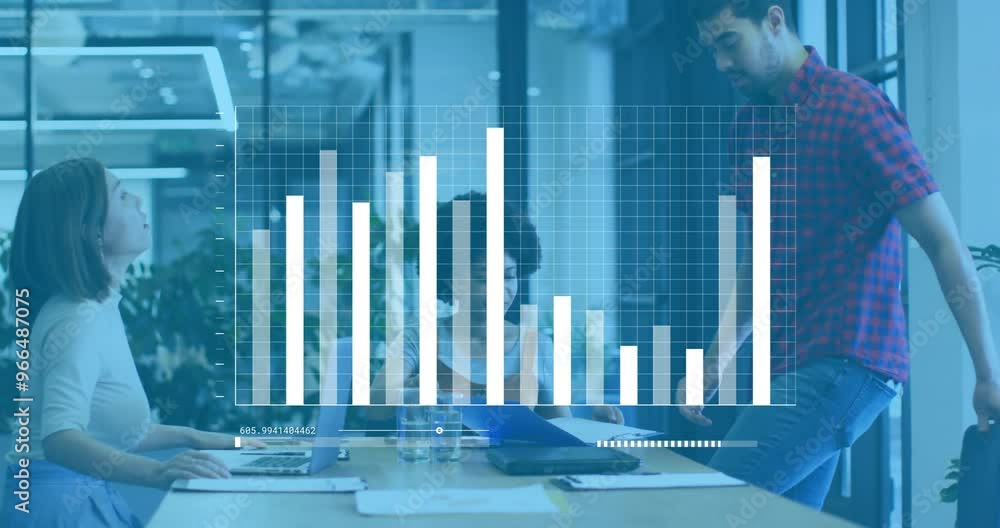 Poster animation of diagrams and data processing over diverse colleagues discussing work in office