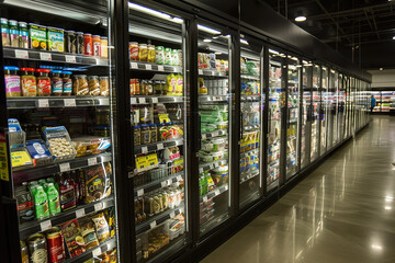 Fototapeta premium A grocery store with aisles of food and aisles of frozen food,, generative ai image,