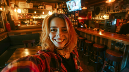 Obraz premium A woman taking a selfie in a bar