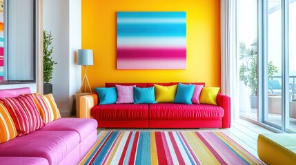 Modern Living Room with Colorful Sofa, Pillows, and Rug