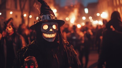 Crowd dressed in skeleton costumes during a nighttime Halloween parade, holding glowing lanterns and creating a spooky festive atmosphere.