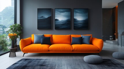 An elegant, modern living room with an orange sofa and abstract paintings on the wall