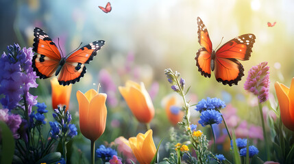 Spring Blooming Vibrant Flowers Butterflies Dance Together