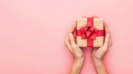 Woman hands holding birthday gift box with red bow on pink background