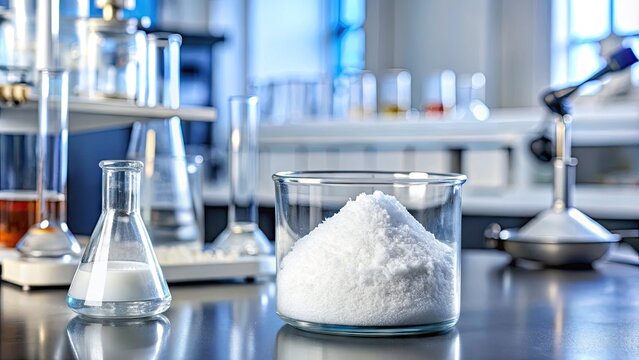 White crystalline sodium perchlorate powder in a laboratory beaker on a workspace with scientific instruments and equipment in the background.