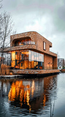 Obraz premium A houseboat floating on top of a body of water