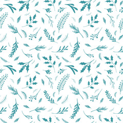 Seamless holly leaf pattern background blue colored branches, winter botanical illustration vector design for textile, wrapping paper. Floral ecological set.
