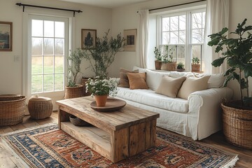 A cozy farmhouse living room bathed in warm evening light, featuring rustic furniture and vintage accents.