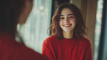 A young woman in a red sweater beams at her reflection. She looks confident and joyful.
