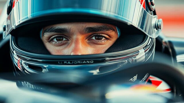 Close-up of race car driver's intense eyes through helmet visor. Professional motorsport athlete focused in cockpit before competition. Determination and concentration in high-speed racing