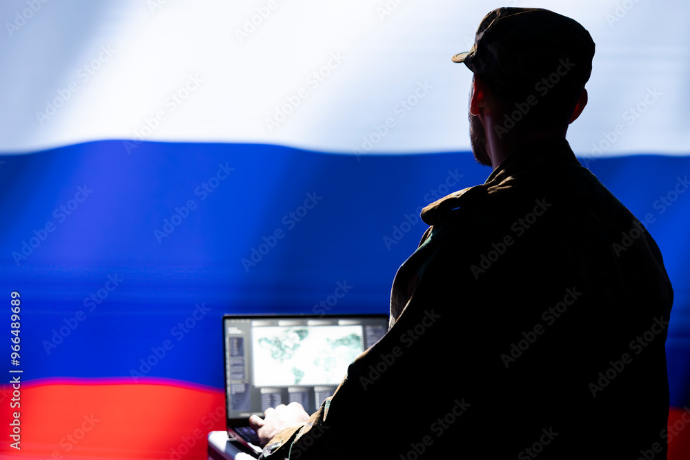Poster kremlin regime russian agent combating organized crime and terrorism using detection system on lapto