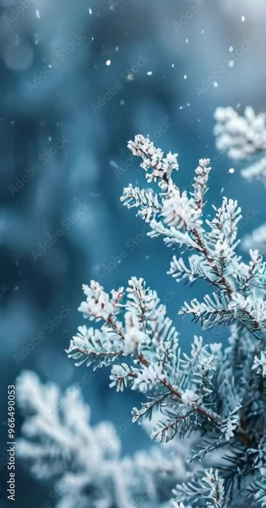 Poster a close up of a tree branch covered in snow. concept of tranquility and peacefulness, as the snowfla