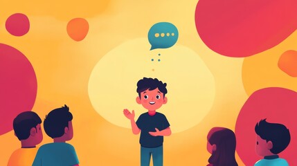 kid speaking in front of peapol illustration 