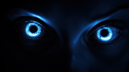 Close-up of a person's eyes glowing in blue light against a dark background.
