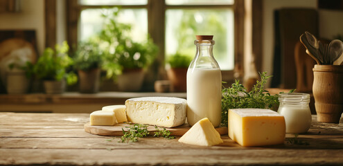 Assorted cheeses and milk bottles on a wooden table with herbs in a farmhouse kitchen. Natural light from a window. Rustic dairy products and fresh ingredients concept for design and print.

