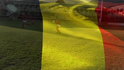 Animation of flag of belgium over diverse rugby players - Powered by Adobe