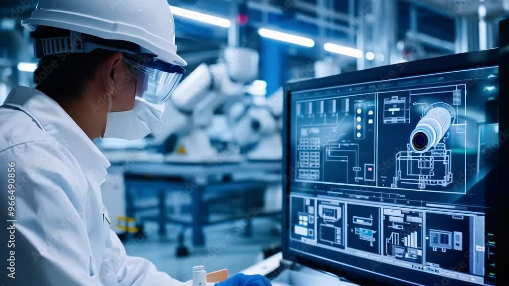 Poster engineer in protective gear controls an automated production line in a high tech factory, showcasing