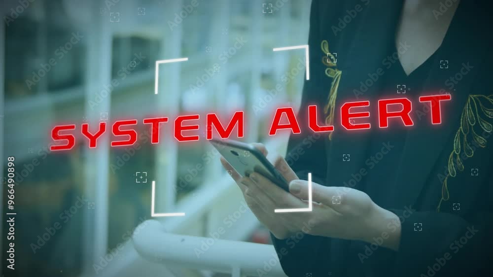 Poster animation of system hacked text and data processing over caucasian businesswoman using smartphone