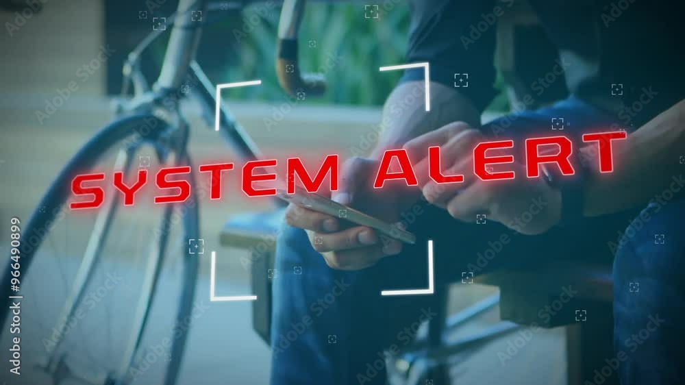 Poster animation of system alert text and data processing over caucasian man using smartphone
