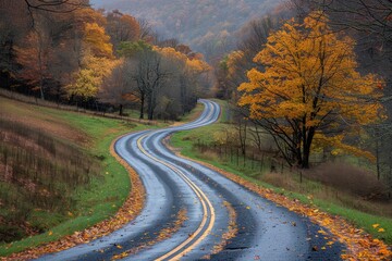 Fototapeta premium Winding country road through autumn forest with fallen leaves and wet pavement on a rainy day, Ai Generation