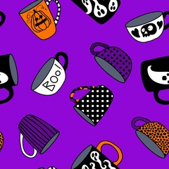 Halloween monsters seamless cups with ghost and skulls and candy pattern