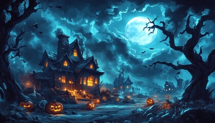 Obraz premium Haunted House with Jack-o'-Lanterns and Full Moon in a Dark Forest
