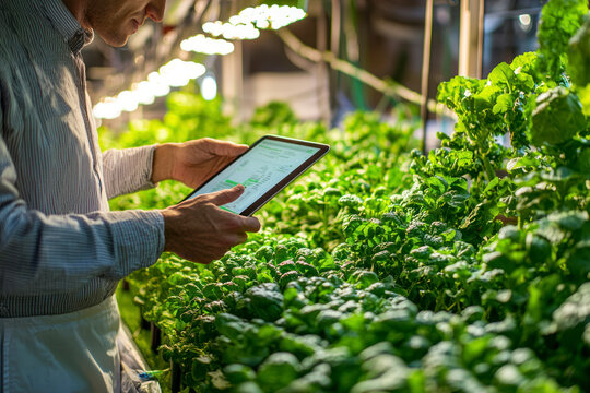 Hydroponics Technician Using a Tablet Computer, Studying Crops. - Powered by Adobe