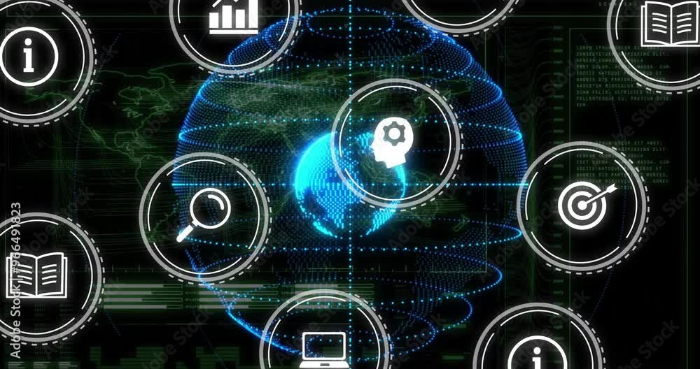 Poster animation of digital icons and data processing over globe