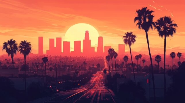 Los Angeles with plam trees on sunset illustration 