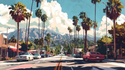 Naklejka premium Los Angeles with plam trees on sunset illustration 