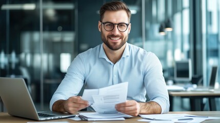 Fototapeta premium Portrait of a smiling business man at his desk, working with documents, modern office environment, professional and successful, leadership role, commercial use, business man in corporate office.