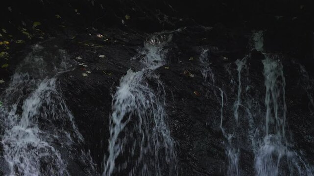  Slow motion closeup of waterfall water flowing down rocks. Castleshane, Monaghan