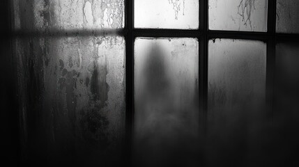 A foggy window with a shadowy figure, evoking mystery and introspection.