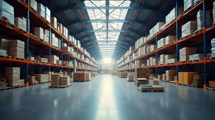 Warehouse interior with rows of shelves and pallets. Industrial background	