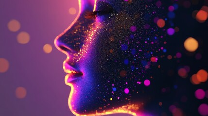 Obraz premium Artistic profile of a woman's face with neon lights and bokeh effect, futuristic and vibrant art concept