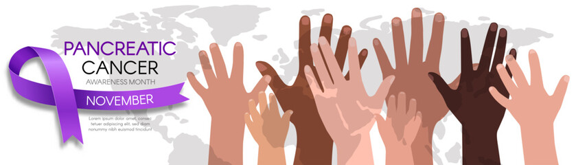 Pancreatic Cancer Awareness Month. Long horizontal banner with a purple ribbon, diverse hands, and space for text.  Vector flat illustration.