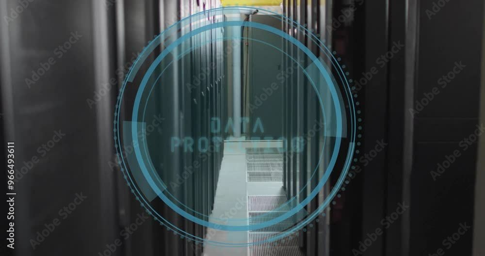 Poster animation of data protection text and digital data processing over computer servers