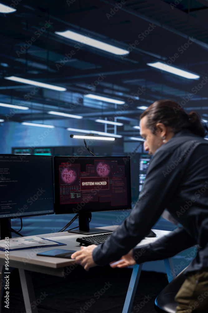 Poster system administrator in server room frightened by sensitive data threatened by hacking attack on com