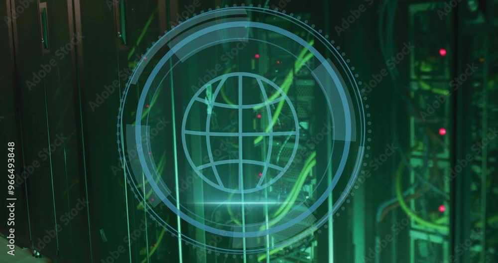 Poster animation of globe icon and digital data processing over computer servers