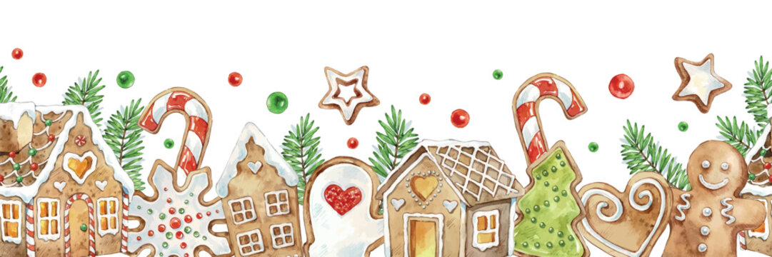 Christmas seamless decorative border. Watercolor banner with gingerbread Christmas houses, man, cookies, lollipop and fir branches. Repeating garland isolated on a white background.
