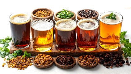 Fototapeta premium A neatly arranged wooden beer flight with seven glasses of assorted craft beers, showcasing a variety of colors from golden blonde to deep amber. 