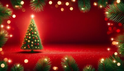 Obraz premium A festive holiday card featuring a Christmas tree adorned with shimmering lights against a vibrant red background.