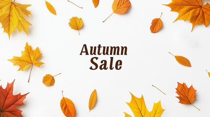 Colorful autumn leaves gently falling on a white background, framing an autumn sale announcement. Perfect for fall promotions with minimalist style