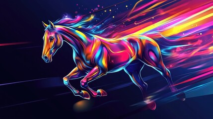 Colorful racing horse with speed rays, in a futuristic vector style, galloping through a dynamic background full of motion