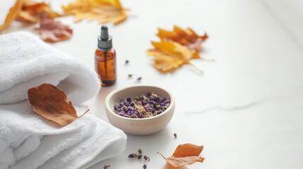 Relaxing spa treatment in cozy fall setting with natural elements and warm lighting. Embrace autumn with essential oils, aromatherapy, and pampering. Transport to beauty and tranquility
