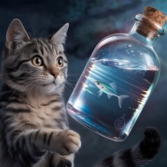 A cinematic medium shot of a curious and playful cat with wide eyes. The cat is staring at a mesmerizing glass bottle suspended inmid-air