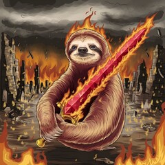 A surreal and captivating illustration of a flaming sloth holding a glowing red ruby sword. The sloth's body is engulfed in flames,yet it remains calm and focused.